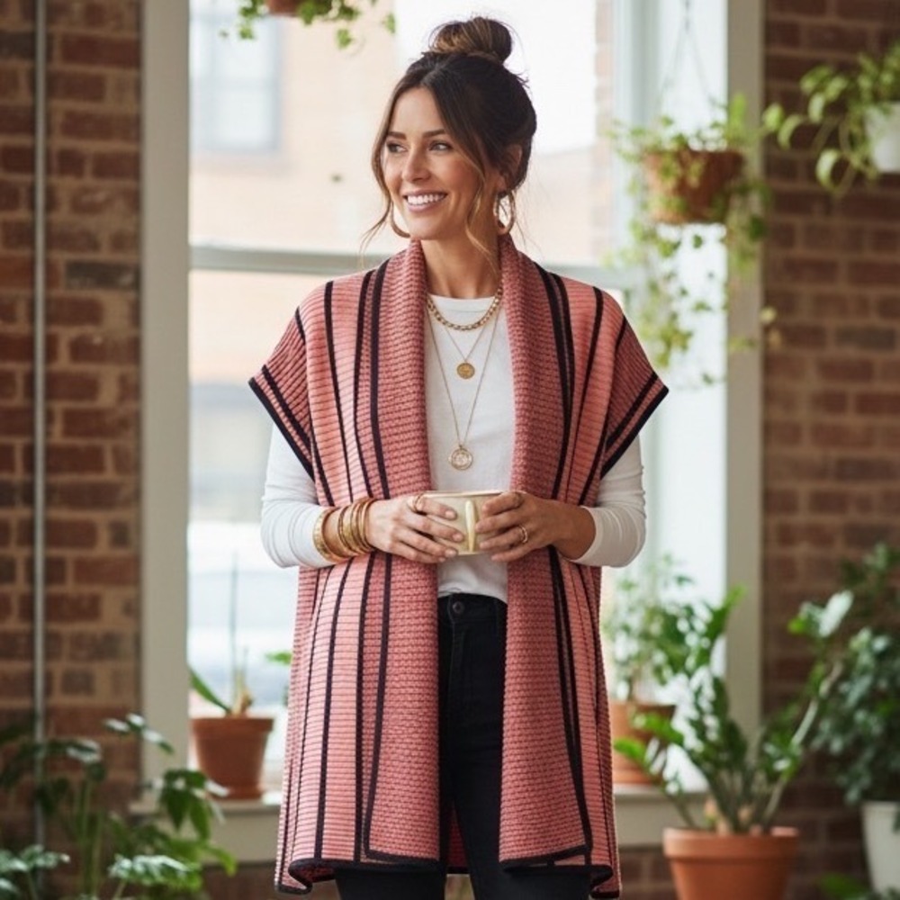Misook Open Front Cardigan Pink Black Striped Ribbed Shawl Collar Fall Fashion S
